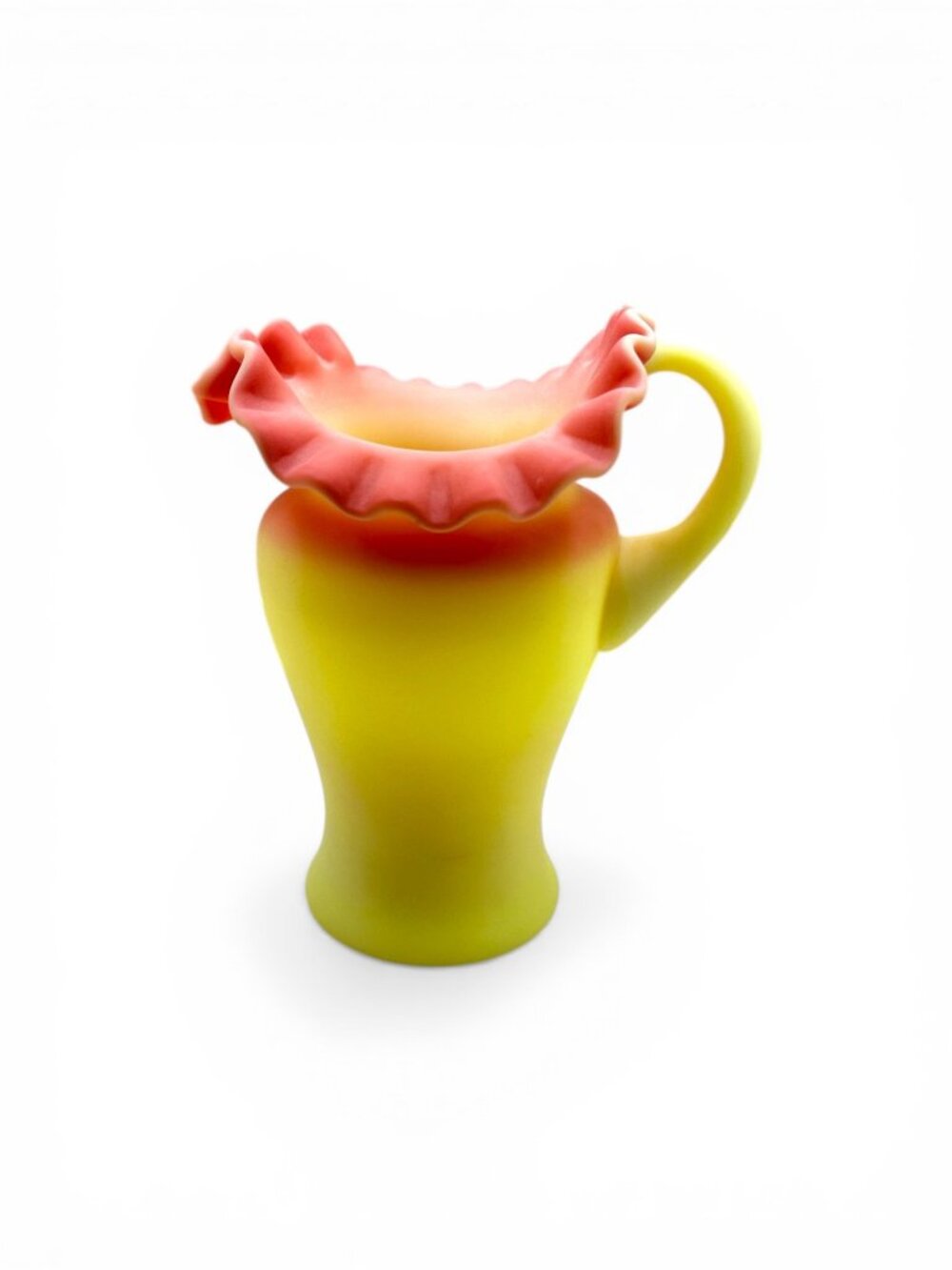 Fenton Burmese Miniature Pitcher Creamer – Satin Glass Ruffled Rim – Yellow Pink